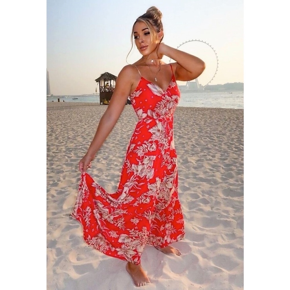 Red Floral Print Sleeveless V-Neck Long Flowy Maxi Dress - Picture 4 of 7